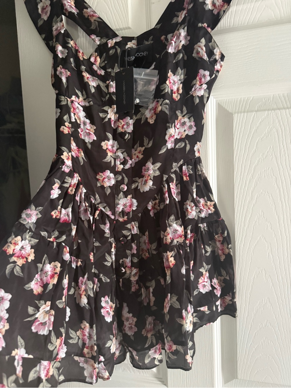 Vanessa Mooney Black Floral Ruffled Camisole Top with Pink & Cream Blooms